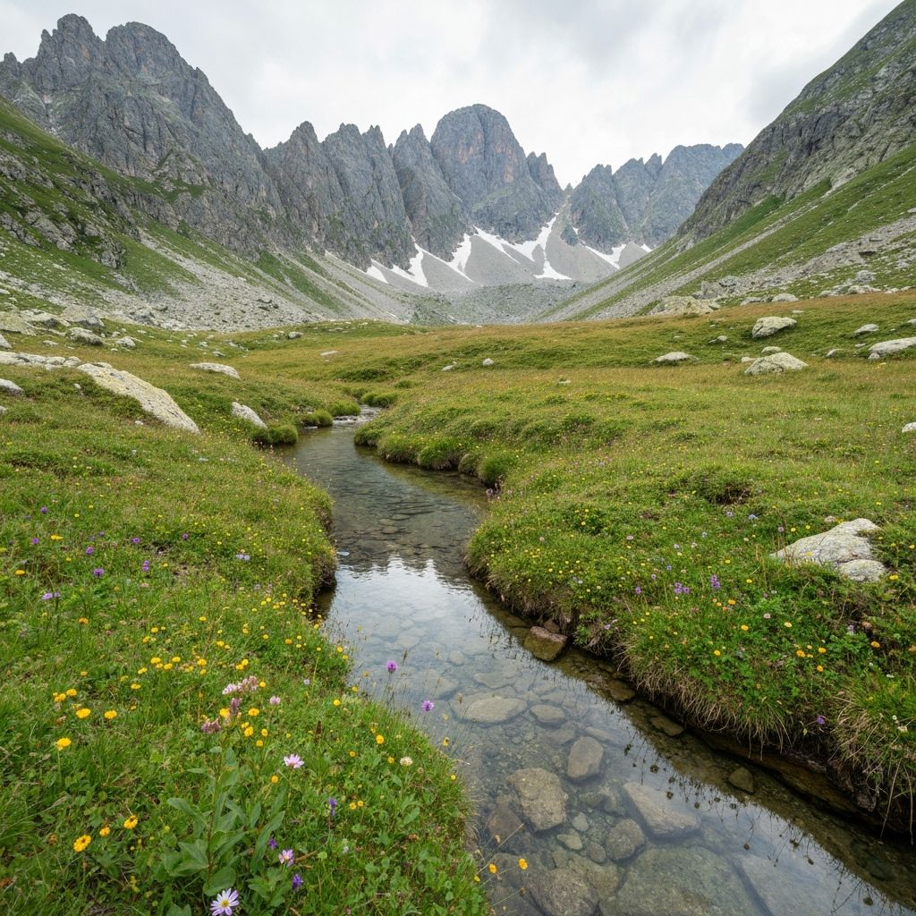 Alpine Bergwiese mit natürlichen Pflanzen