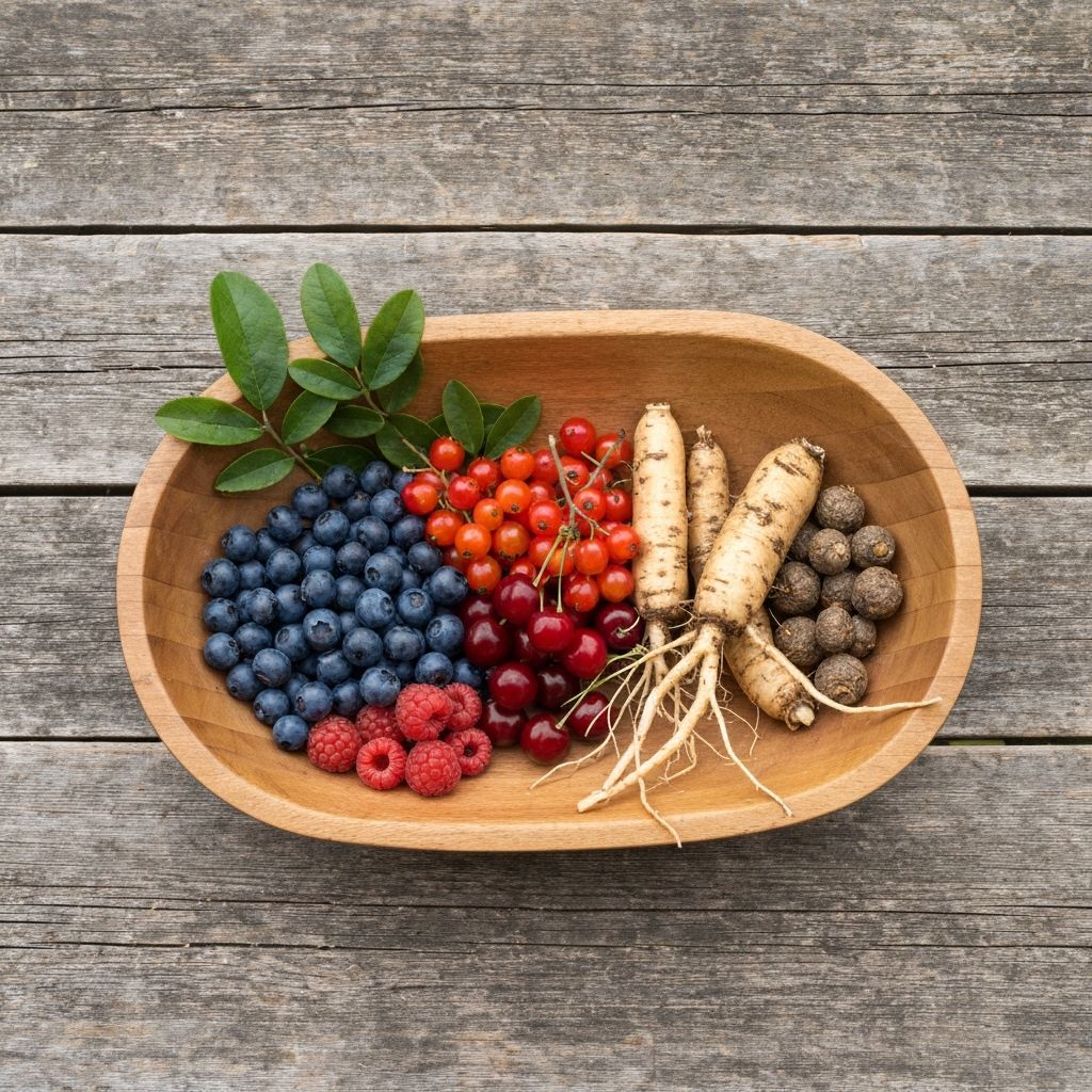Natürliche Bergzutaten in rustikaler Schale